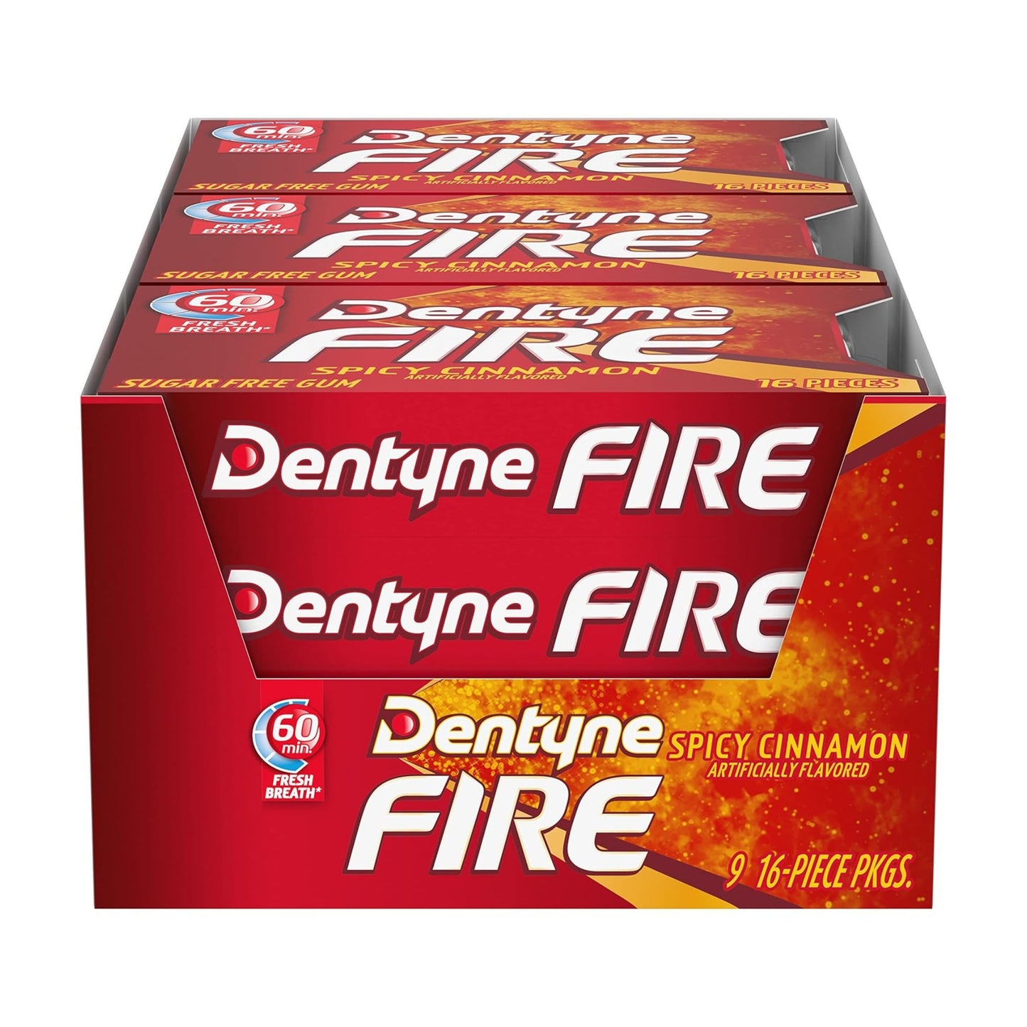 Dentyne Fire Spicy Cinnamon Kaugummi zuckerfrei, 9 Päckchen à 16 Stück (insgesamt 144 Stück)