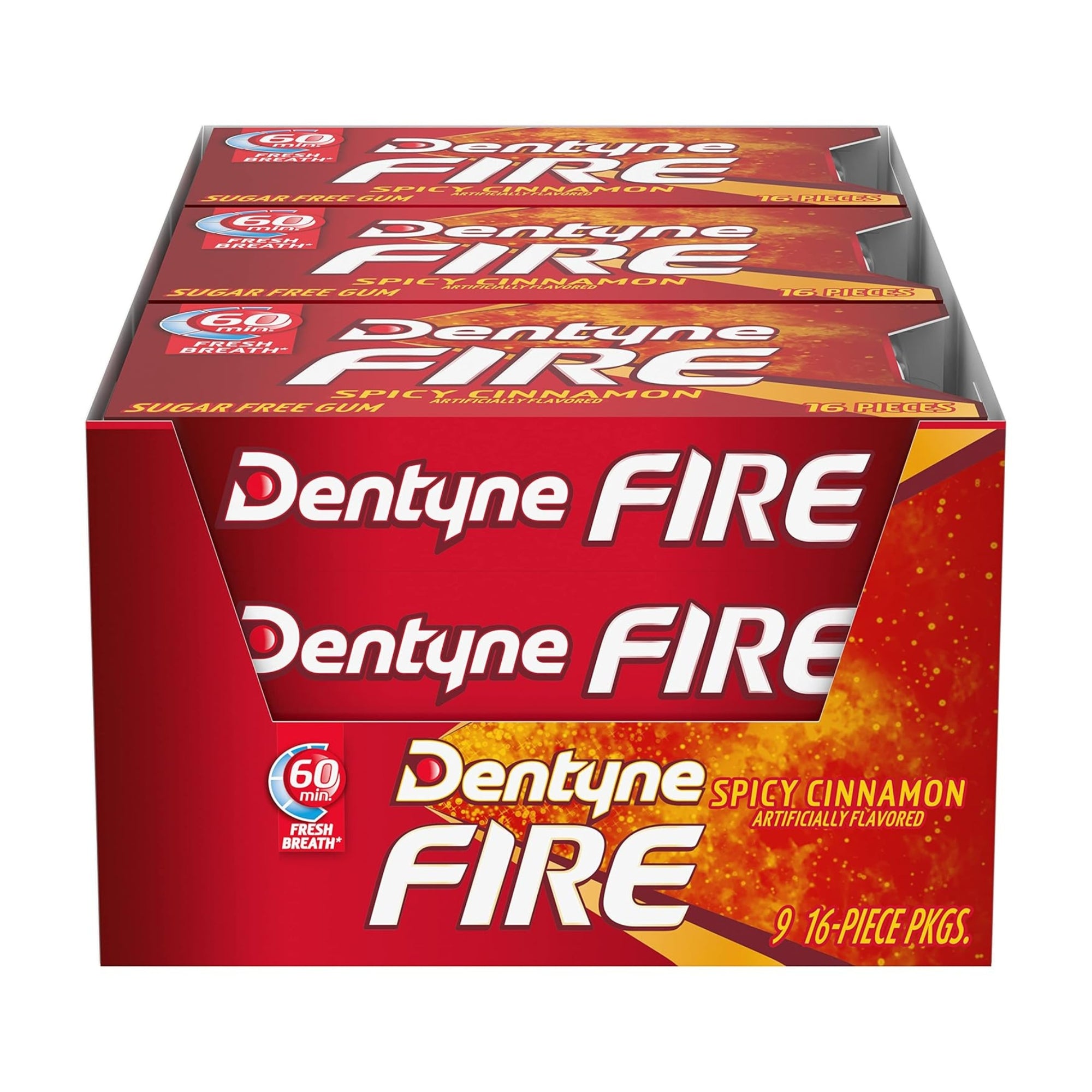 Dentyne Fire Spicy Cinnamon Kaugummi zuckerfrei, 9 Päckchen à 16 Stück (insgesamt 144 Stück)