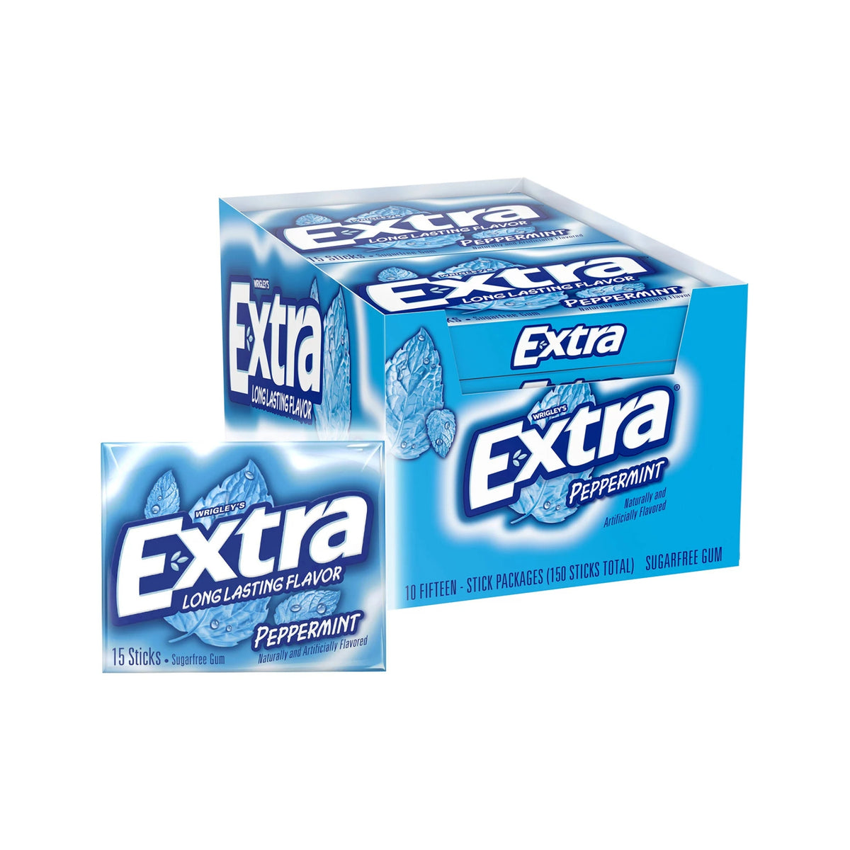 Extra Peppermint Kaugummi zuckerfrei, 10 Päckchen à 15 Stück (insgesamt 150 Streifen)