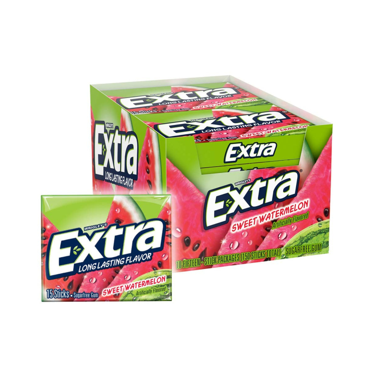 Extra Sweet Watermelon Kaugummi zuckerfrei, 10 Päckchen à 15 Stück (insgesamt 150 Streifen)